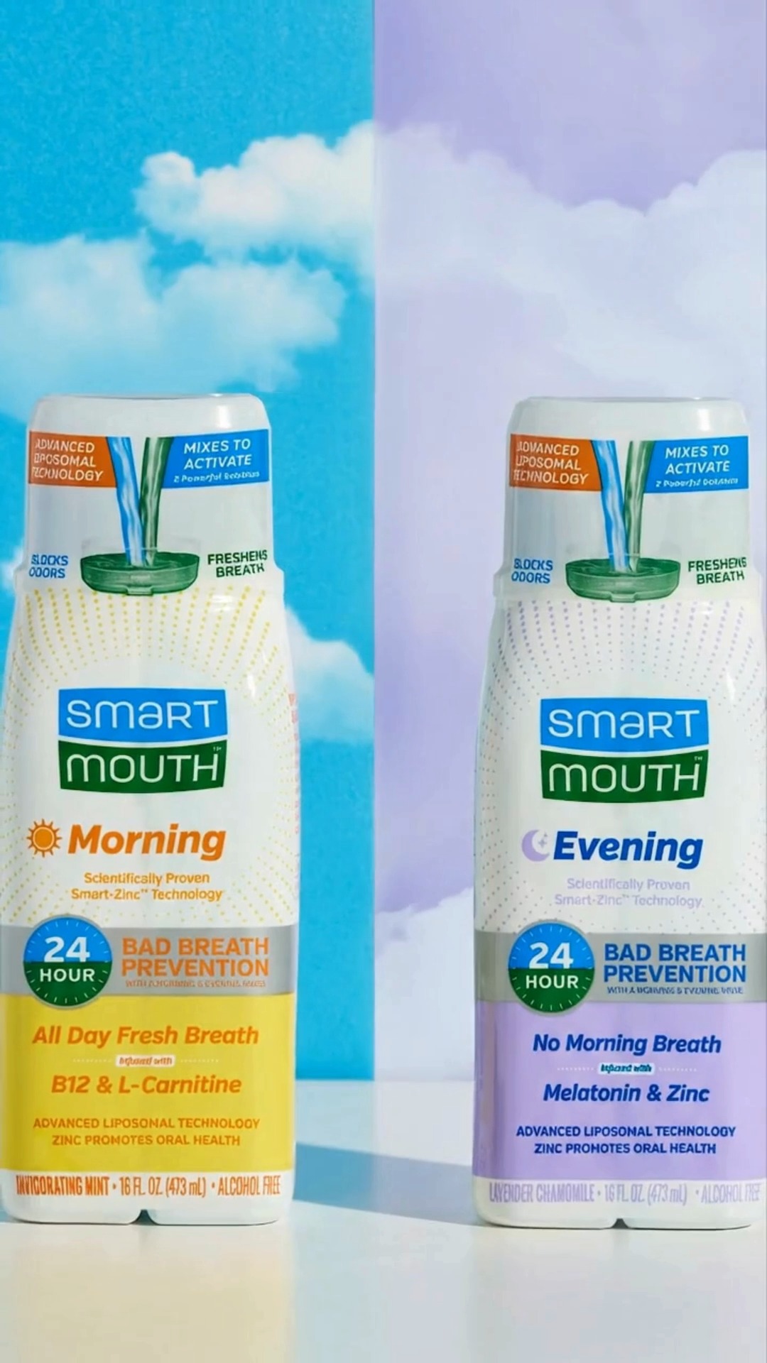 The perfect routine starts and ends with fresh breath., SmartMouth Morning kick-starts your day with B12 and L-Carnitine while providing all-day fresh breath. Unwind with SmartMouth Evening, infused