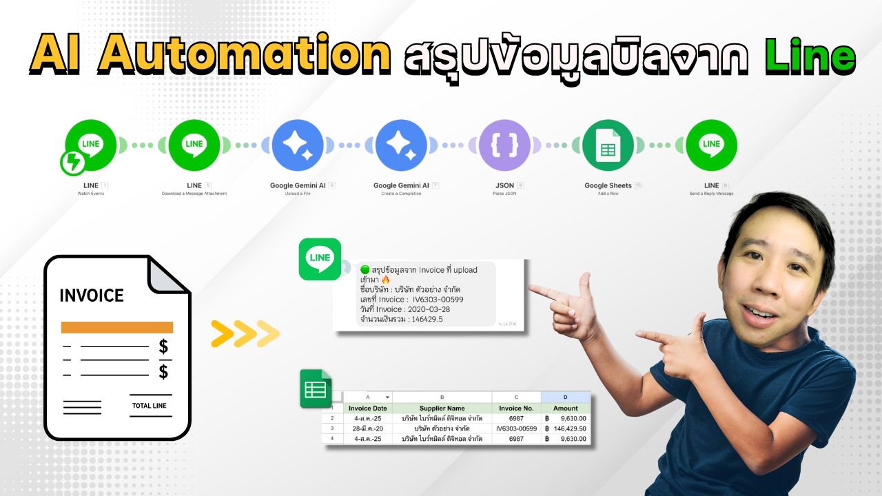 สอนสร้าง AI Automation สรุปข้อมูลบิลจาก Line เข้า Google Sheets แบบ ...