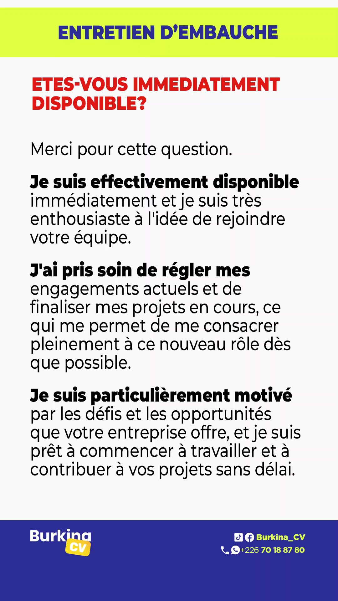 Question : Êtes-vous immédiatement disponible ? Réponse : Merci pour ...