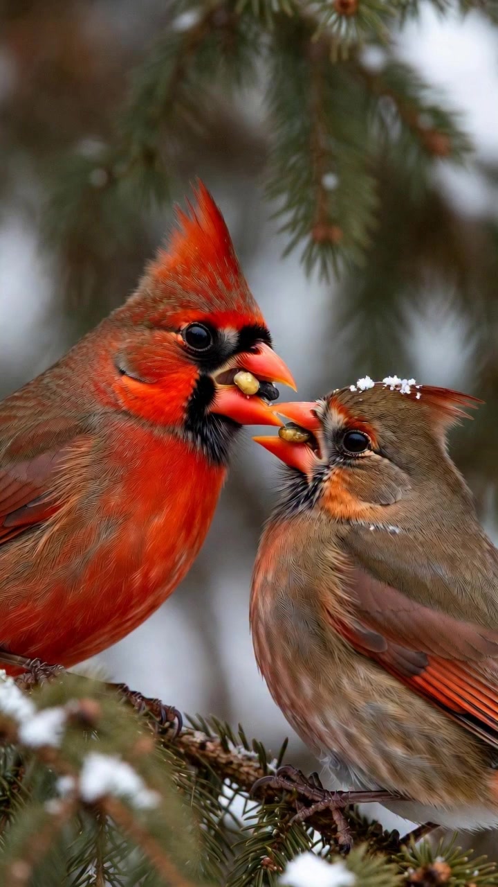 Feeding his sweetheart in the cold February air... 🐦 ️ ️ #cardinalbird ...