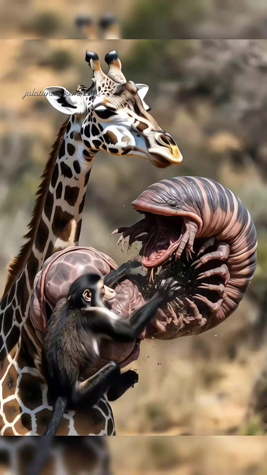 A monkey is helping a giraffe that is in pain because there is a lump ...
