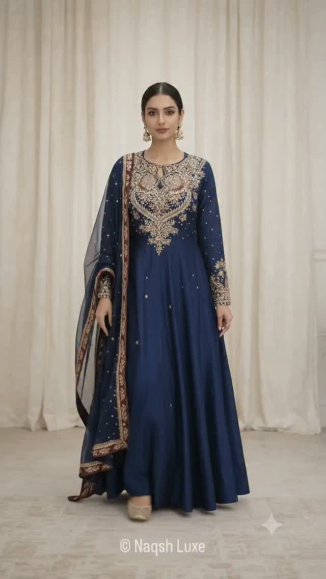 navy blue and gold pakistani dress Article Name: Lunar Glow, Designer Shade: , A regal navy blue maxi, beautifully handcrafted with hand-sewn zari, kora, dabka, zardozi, tilla, pearls, crystals, stones sequins. custom_Heather's Prom Picks