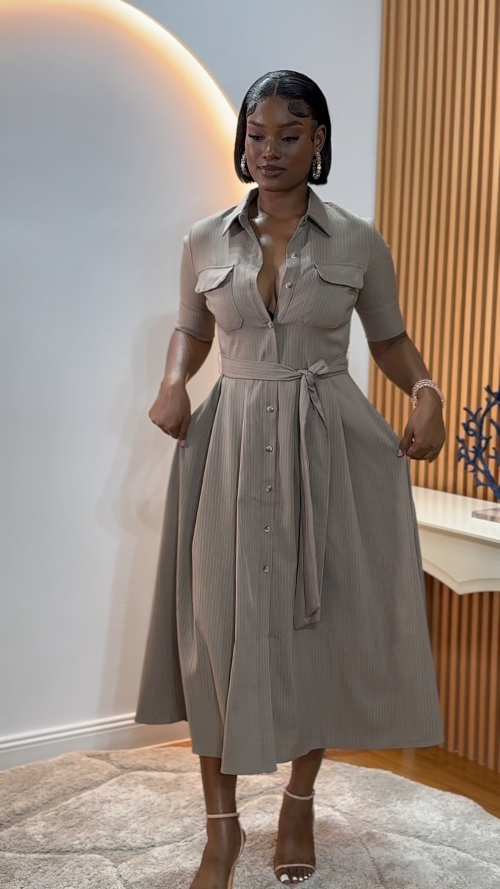 ladies pinstripe dress New Shirt for the corporate, professional, business class and church ladies., Shop 🔎 Calvary online or in store, Sizes: Small, Medium, Large, Colours: Taupe, 💰:JMD 13,900 Sweeheart