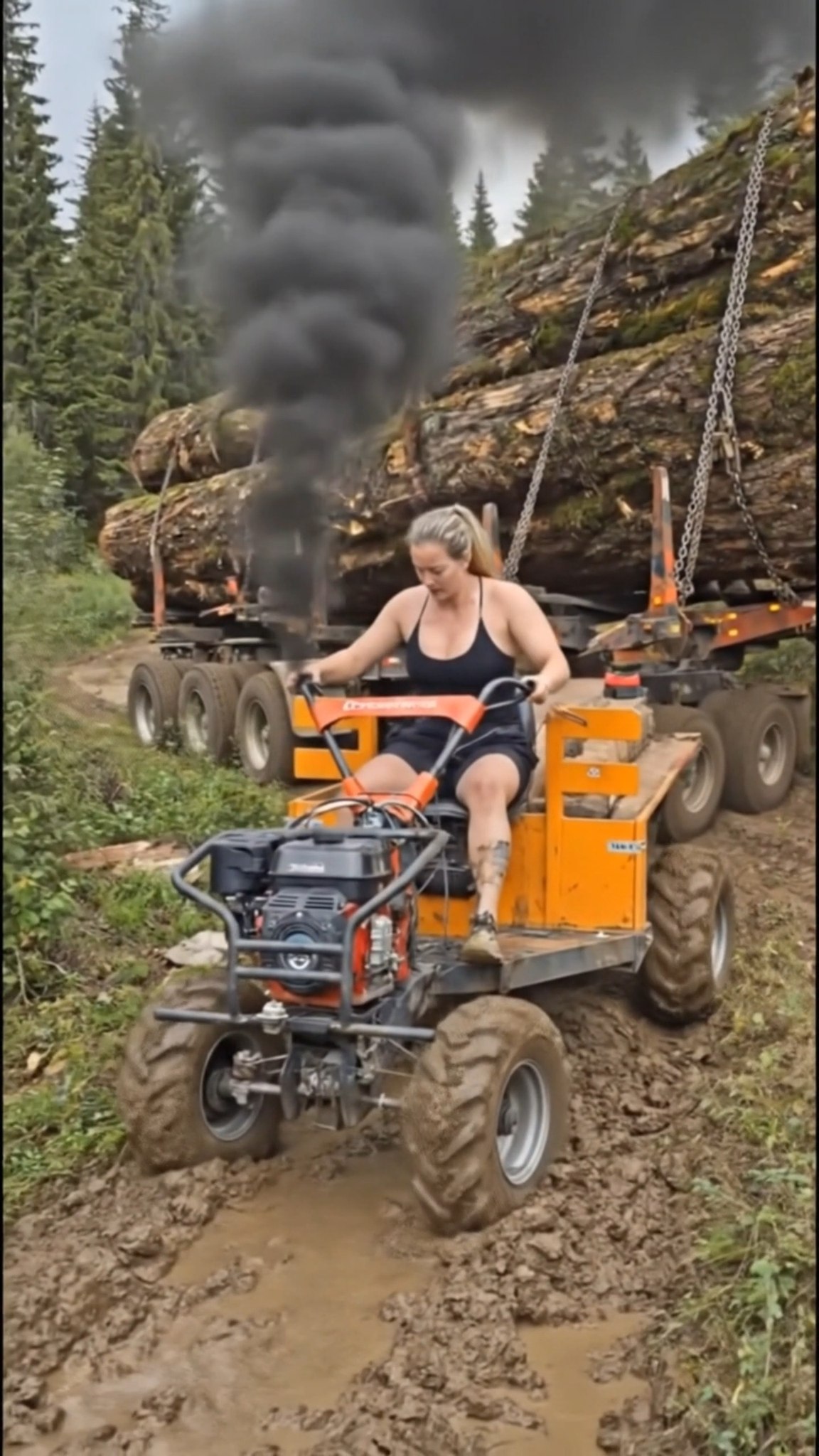 Deep in the forest, a rugged logging truck struggles through a muddy ...
