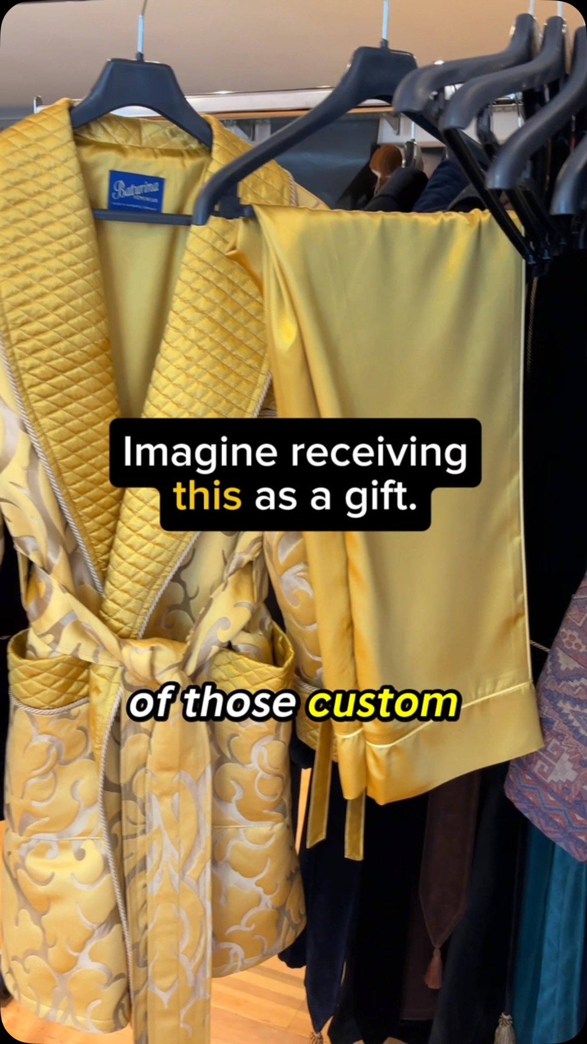 gold dressing gown mens This is one of those custom orders we’ll remember., Our customer asked us to create an entire set in gold, and the result is honestly quite extraordinary., The short is made from this Mens silk robe