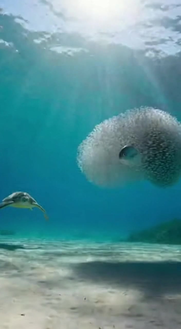 A mother fish is leading a school of thousands of fry through the water ...