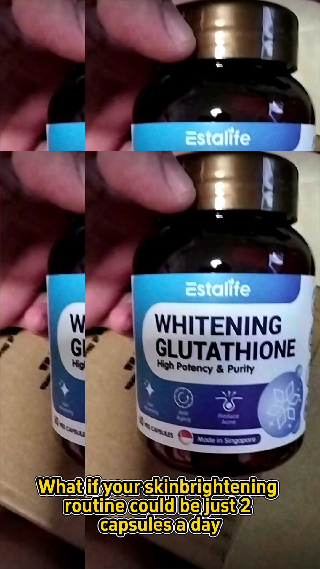✨ What if your skin-brightening routine could be just 2 capsules a day?, This is Estalife Whitening Glutathione — 500mg reduced glutathione per daily serving, made in Singapore., It’s vegan, 