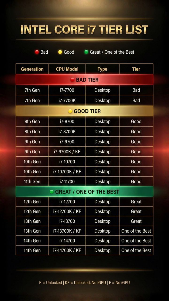 Intel Core i7 Tier List (7th–14th Gen) | Best & Worst i7 CPUs Ranked