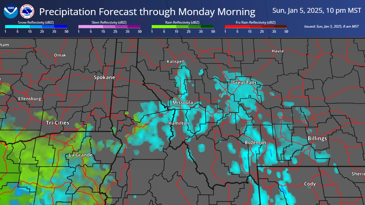Projected radar loop across the Northern Rockies through Monday morning ...