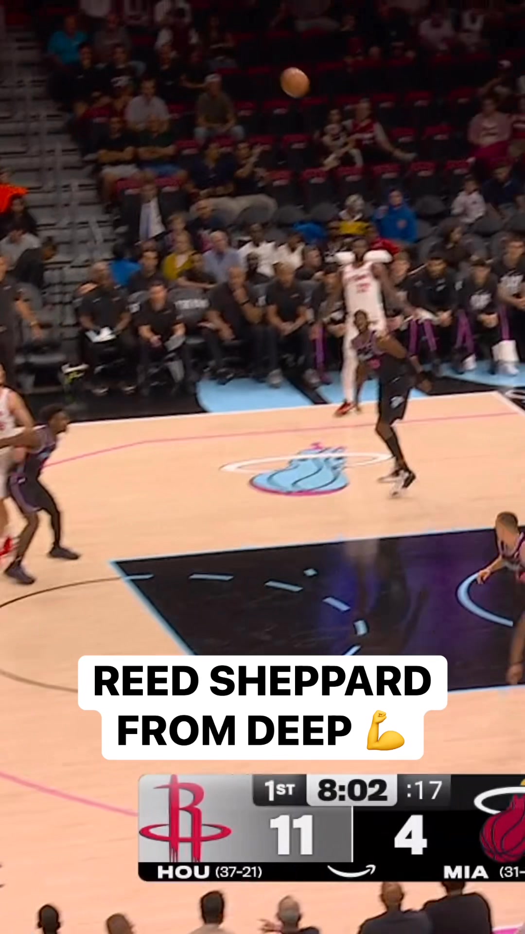 Reed Sheppard knocks down the 3 from near the logo! 😮 HOU-MIA on Prime ...
