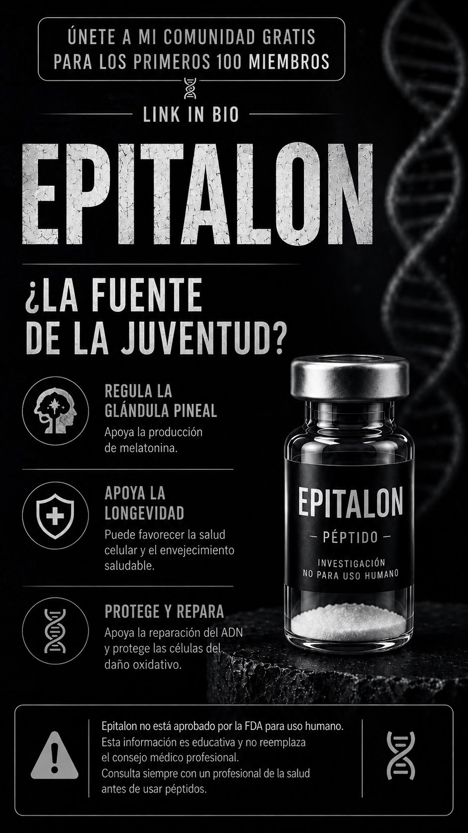 epithalon beneficios Todo lo que necesitas saber sobre el Epitalon. Este contenido es con fines educativos e informativos. Cualquier uso debe evaluarse con un profesional de la salud. #epitalon Each 100ml contains: Cyanocobalamin 5-Amino-1-Methylquinolinium Pack Size:100 bottles