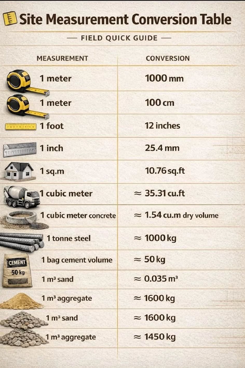 Basic Length Conversions, 1 meter = 1000 millimeters (mm), 1 meter = 100 centimeters (cm), 1 foot = 12 inches, 1 inch = 25.4 millimeters (mm), 📐 Area Conversion, 1 square meter (m²) = 10.76 square