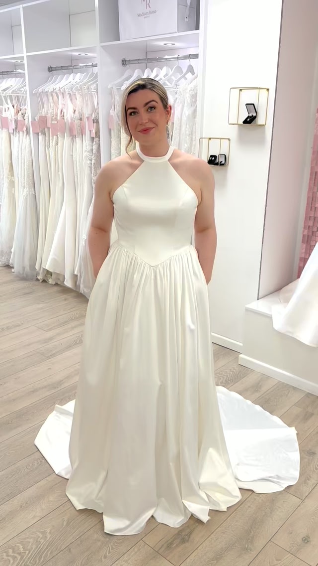 halter neck wedding dress uk alert 👏🏼🤍✨ , Finally… a classic, easy to wear, timeless halter gown. We have searched for so long! , Brand new from the latest @missstellayork collection 🤍, Modelled beautifully by the simple halter neck wedding dress
