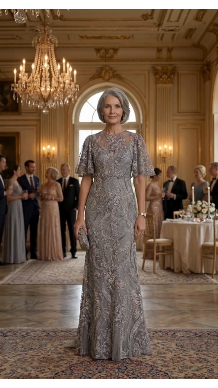 Grace in every detail. ✨ This slate grey gown combines a classic silhouette with stunning floral embroidery and light-as-air flutter sleeves. A sophisticated choice for an unforgettable celebration., 