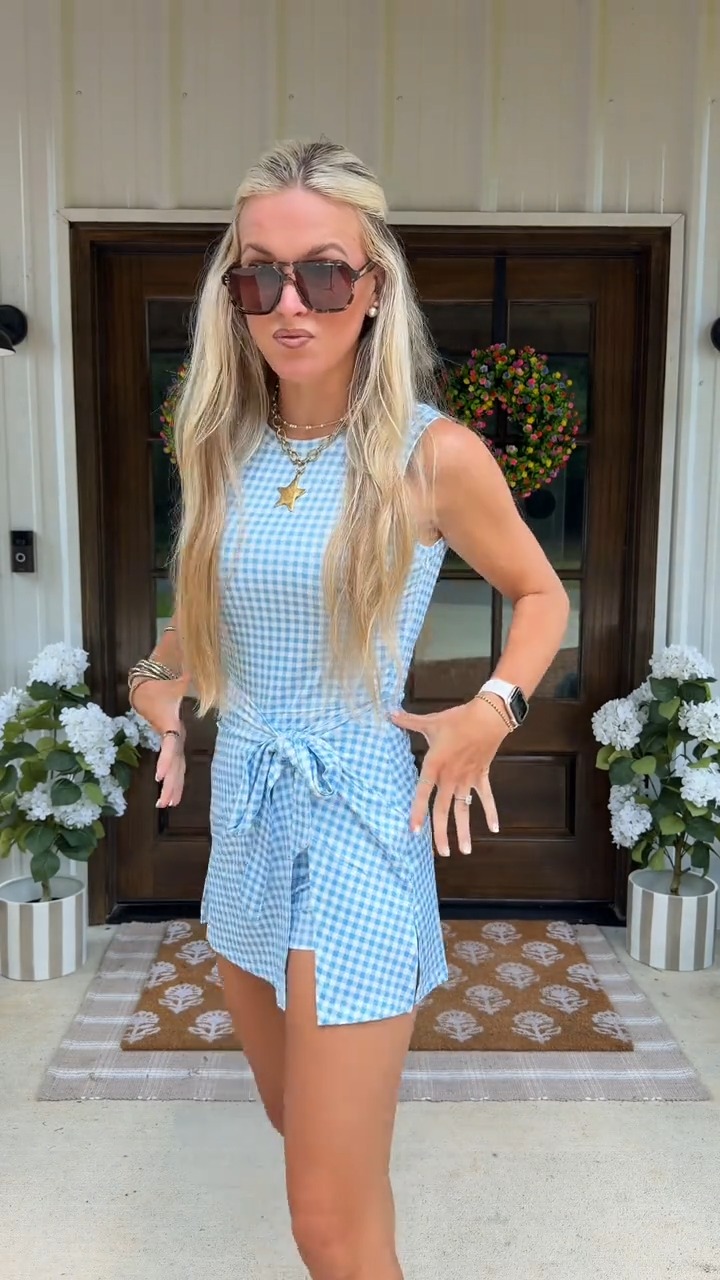 blue gingham athletic dress Sweet, sporty, and selling fast 💗 loving this new paired with New Balance for the perfect effortless look! 👟 #shoprandrok #newbalance #athleisurestyle #springootd #gingham inspired swing dress