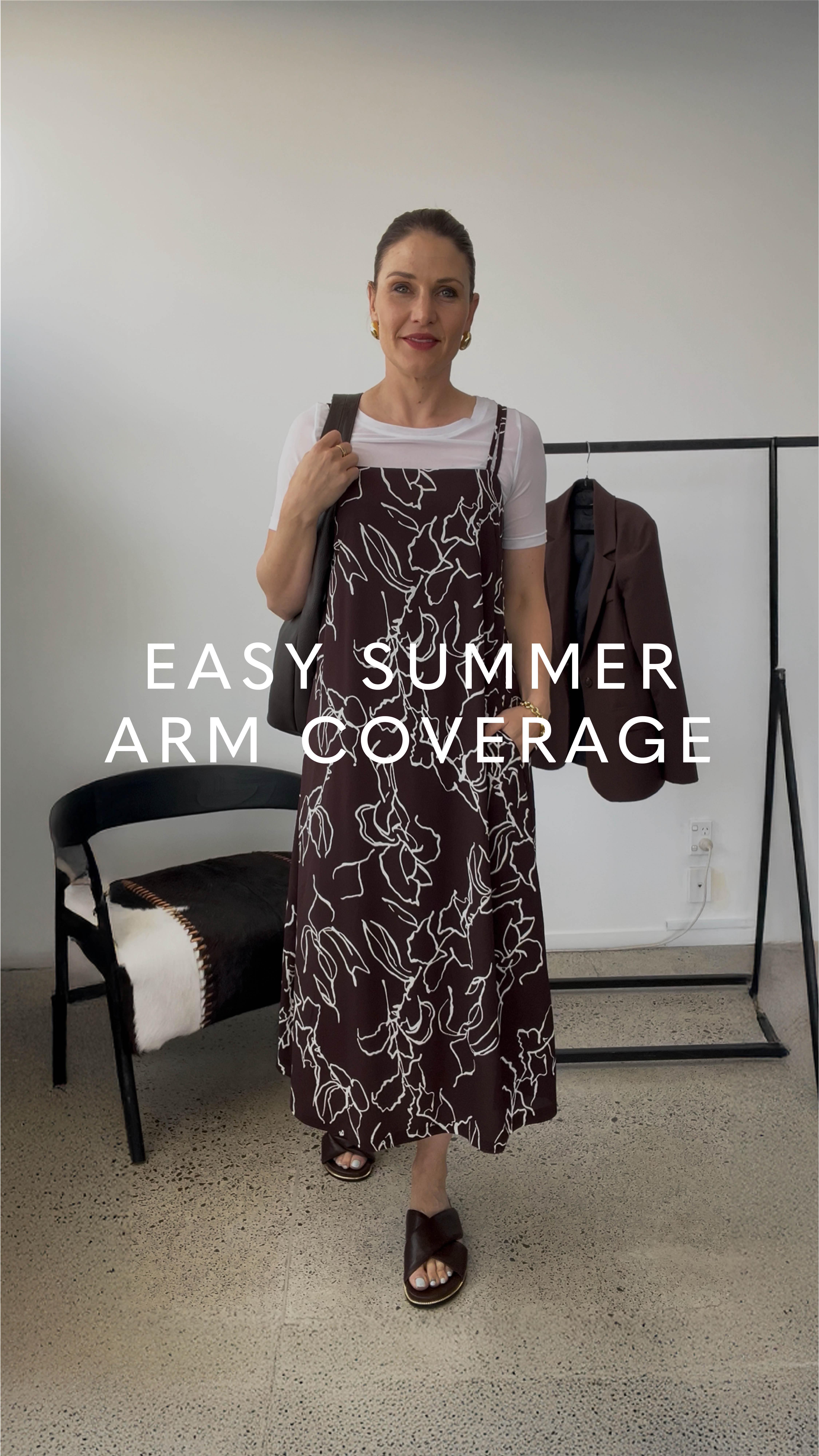 Meghan is showing us how easy it is to style your look with summer arm-coverage options. Whether you layer underneath or over the top, there’s no need to avoid those thin-strap dresses or tops—you can 
