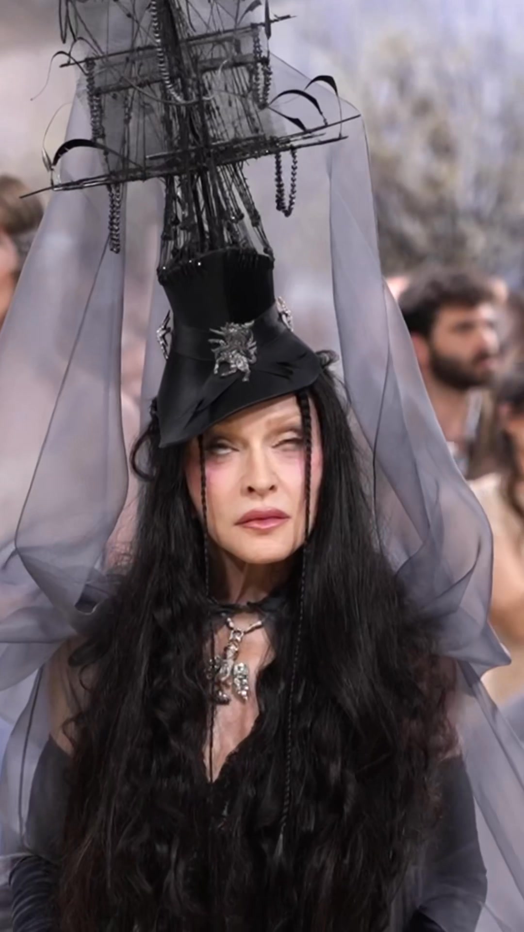 madonna black dress Witch what?! , #Madonna showed up to The Met Gala surrounded by four women holding her grey veil trains. The singer is wearing a design by Anthony Vaccarello, that was a custom Yves Saint Laurent look Cross Colour:GREEN orchid Black Bridesmaid Dresses -