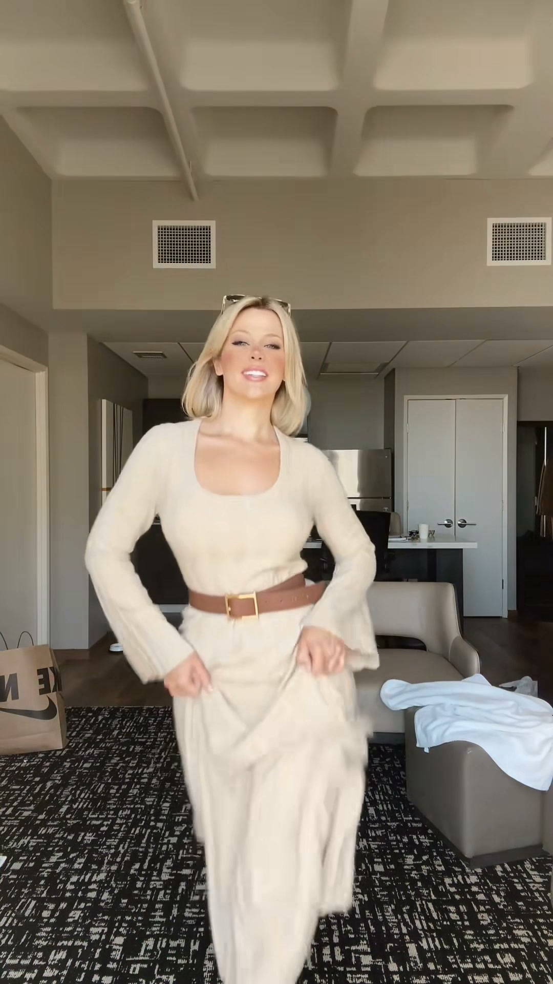 cream dress gold belt and Buckle Outfit Style Look TRAILING TRAIN