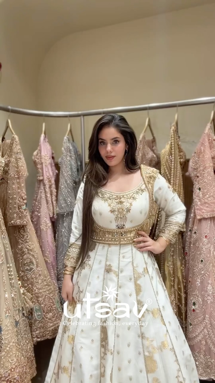 anarkali dress golden A classic which never goes out of style⭐️For the ones who believe that true luxury lies in the details. 🤍✨ This exquisite white Anarkali, finished with elegant detail holiday-wear