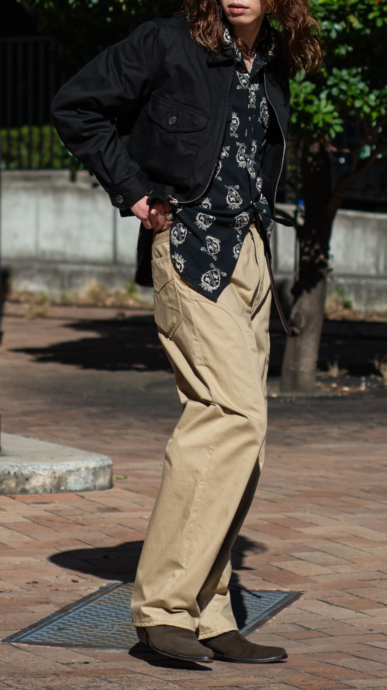 The Letters-, STYLE SAMPLE , JACKET WORKERS SHORT ZIP JACKET -COTTON TWILL-, COLOR BLACK SIZE 38, SHIRT WESTERN SHIRT -HART COW BOY FLANNEL COTTON-, COLOR BLACK SIZE S, PANTS COW BOY