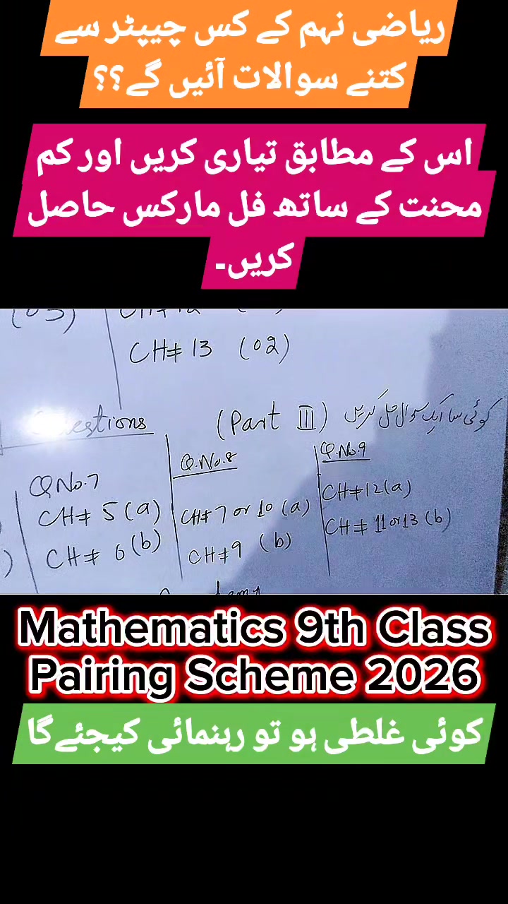 ریاضی 9th کلاس کی پیئرنگ اسکیم 2026۔ اس کے مطابق پیپر تیار کریں