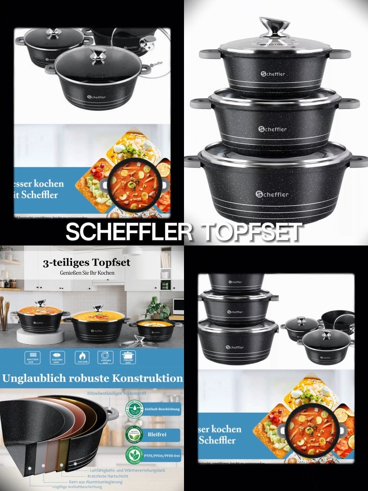 Scheffler Topfset mit Glasdeckel Kochtopf Set Induktions Töpfe Set, 2.2L/24cm,4L/28cm,6L,Töpfe Set, mit Antihaftbeschichtung!!#Kochgeschirr #kochtopf #topfset #kücheninnovation #kochen #Kochkunst