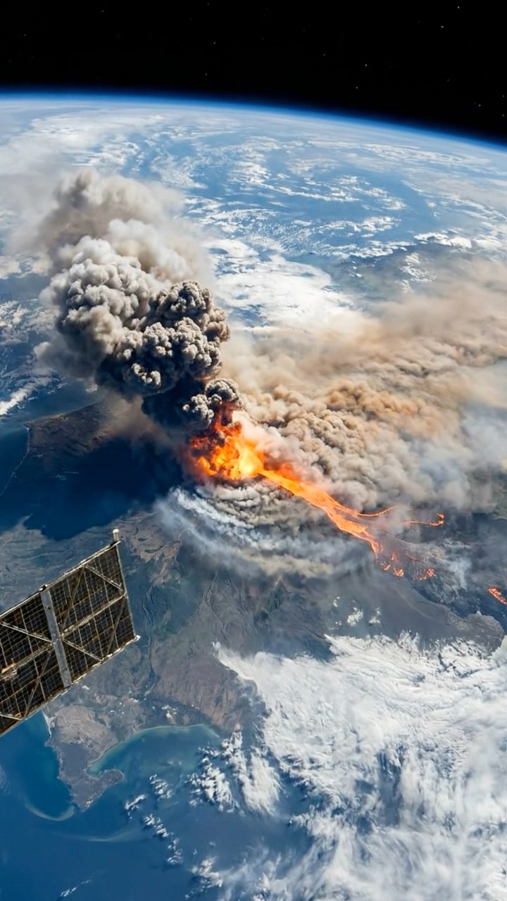 A colossal lava volcano erupting on an unimaginable scale, viewed from ...