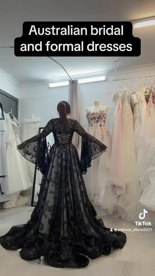gothic formal dresses australia ✨🖤🦋 Black butterflies wedding dress with detachable bell sleeves #eternalallure2021 #weddingdress #gothic #gothicstyle #fyp | Eternal Allure Shop Velvet Infinity Dresses