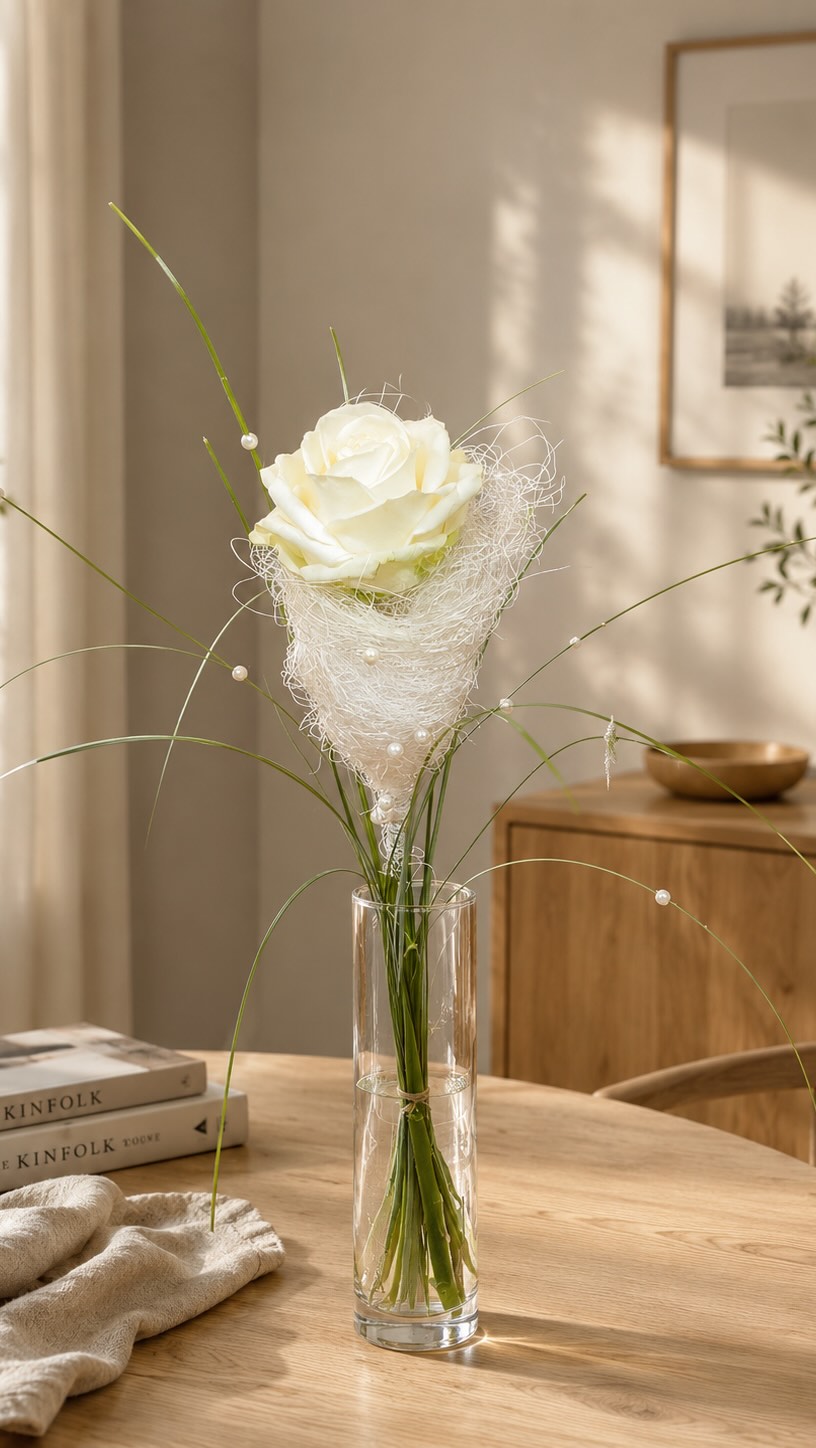 Aus einer einzelnen Rose einen echten Hingucker machen 🌹✨, Mit etwas Sisal, feinen Perlen, Bärengras und Bouillon-Draht entsteht aus einer schlichten Rose eine moderne und exklusive Floristikidee für