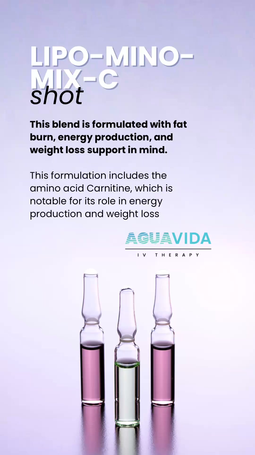 Lipo-Mino C is great if you lead an active lifestyle, need help with muscle recovery post-workout, and want an aggressive, comprehensive metabolic boost to convert sto | AguaVida IV Therapy