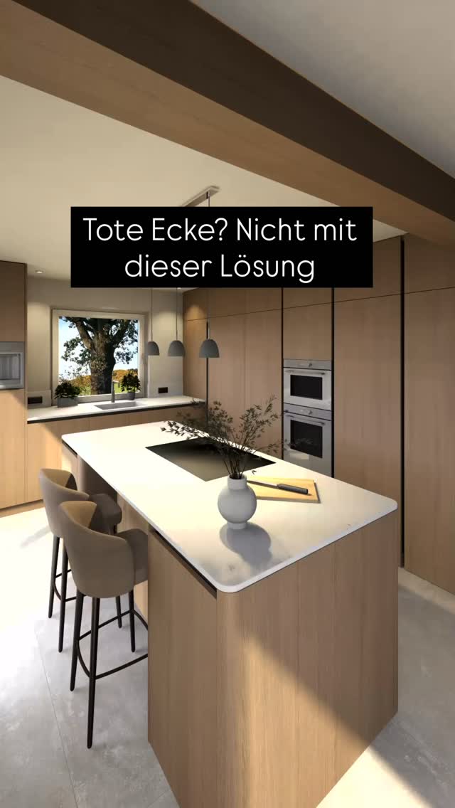 Das hier ist die einfachste Lösung für tote Küchenecken., In dieser Küche haben wir eine Durchgangstür direkt in der Ecke geplant., Ergebnis: Der Eckschrank ist fast zu 100 % nutzbar., Perfekt für