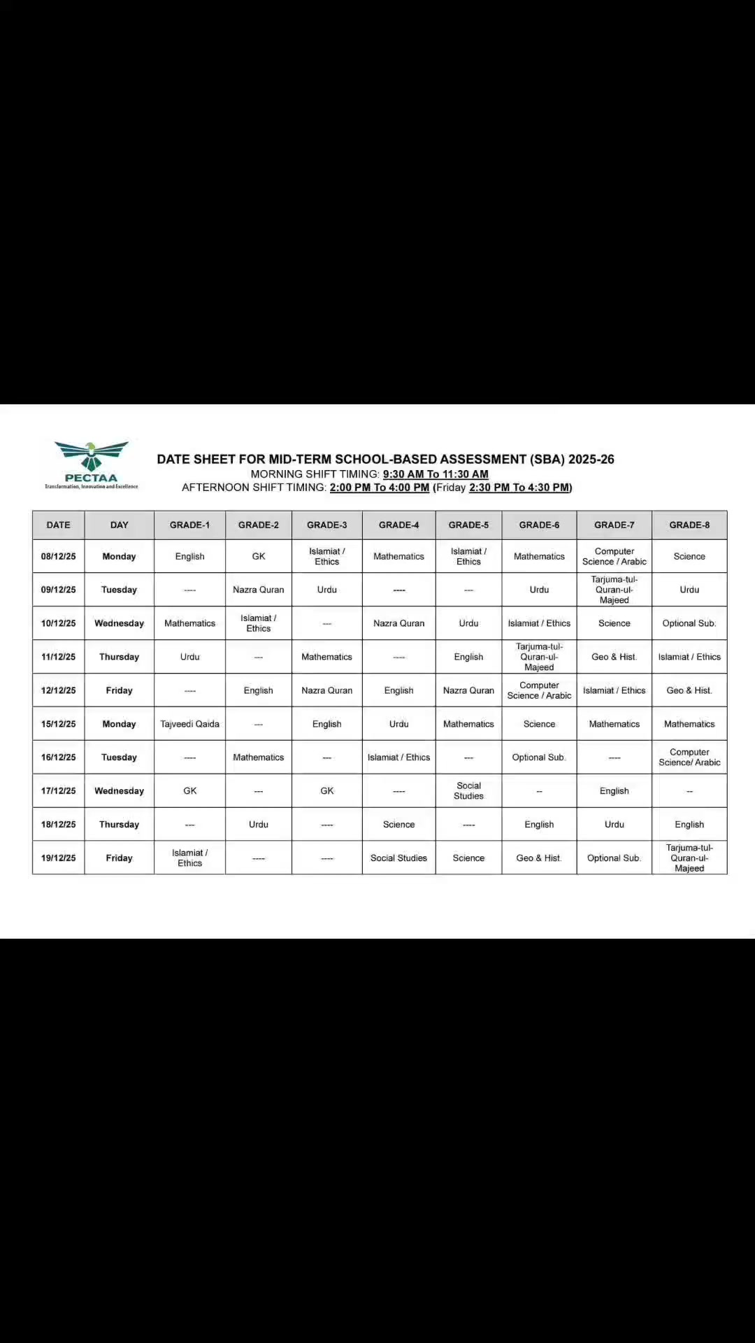 SBA Mid Term Date Sheet 2025 | School Based Assessment Punjab ...