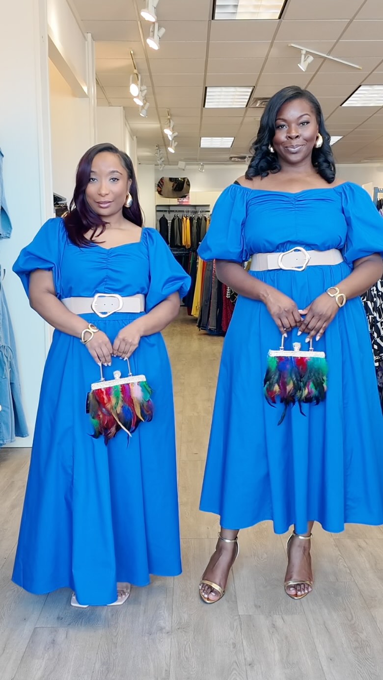 Same dress. Two different women. Same confidence. 💙, The Bubble Sleeved Maxi Dress is that effortless spring maxi dress you wear to brunch, baby showers, or outdoor events., Light, flattering, and 