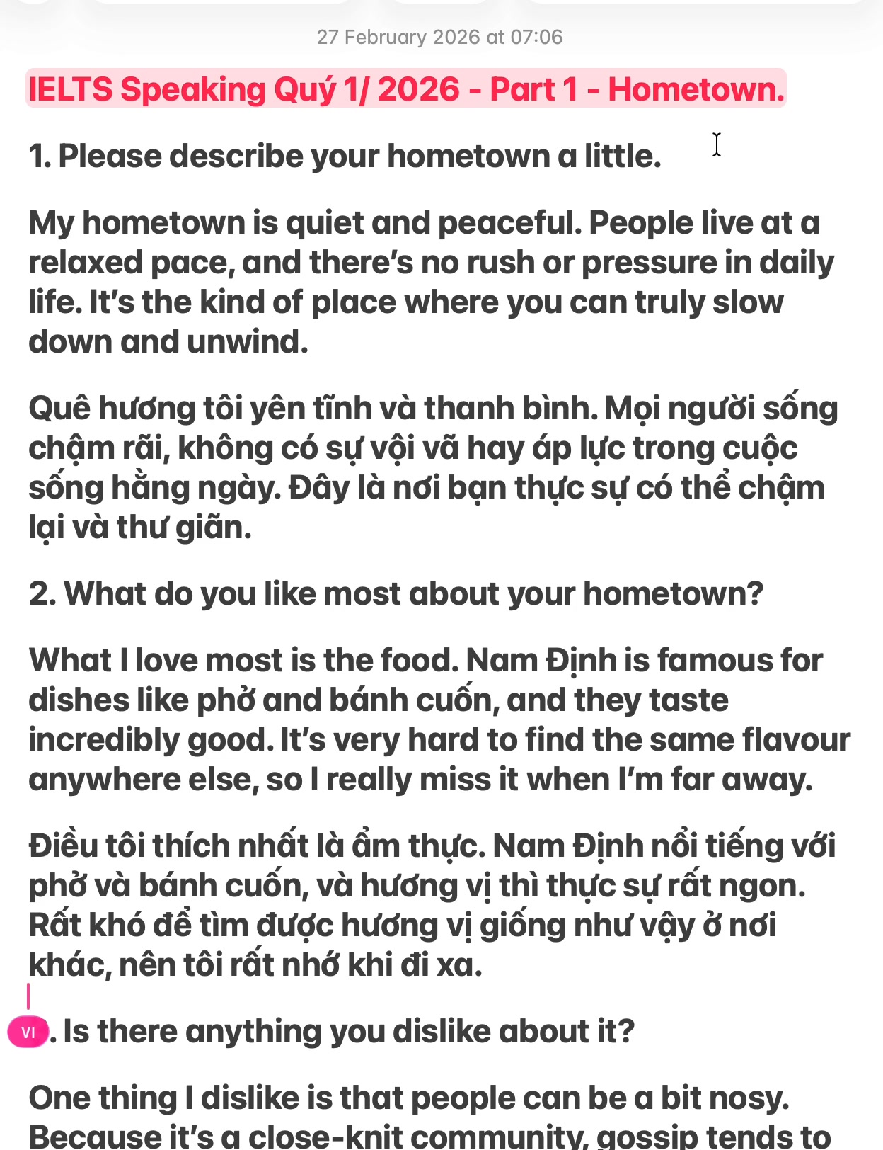 IELTS Speaking Quý 1/ 2026 - Part 1 - Hometown. 1. Please describe your ...