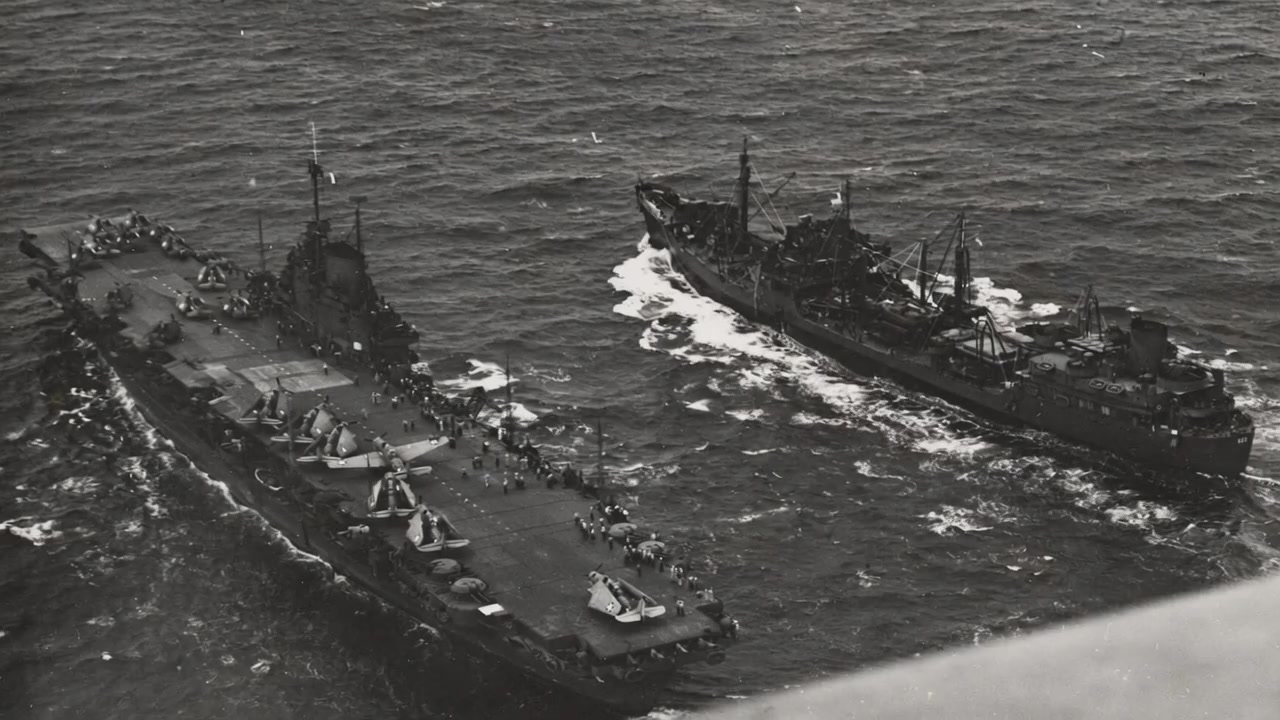 Illustrious class carrier HMS VICTORIOUS at anchor in Leyte Gulf