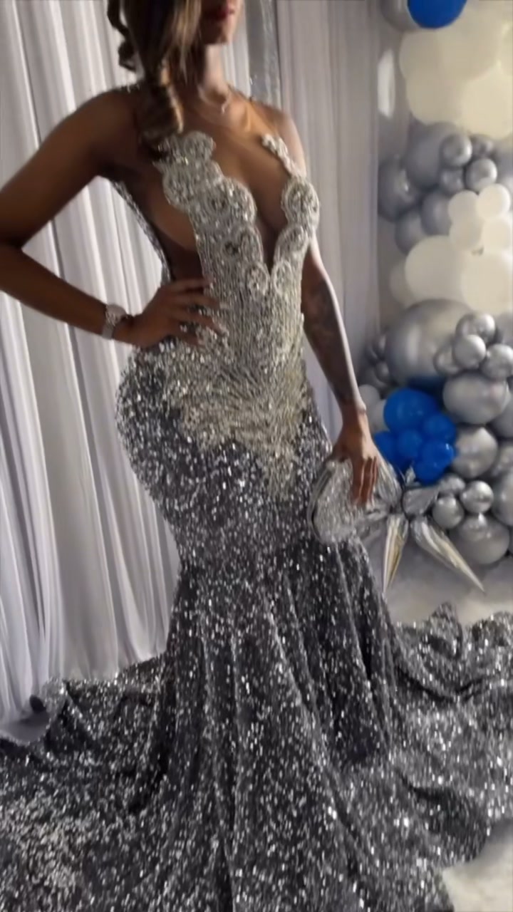 glitter ball dress code Silver Beads Crystals Prom For Black Girls, Discount $10 off with MY10 at Mychicdress.com, ✌👆☝👍🔥, #Prom #Prom2027 #PromDress #PromDresses #PromNight #PromPics #PromPictures elegant gold formal dresses