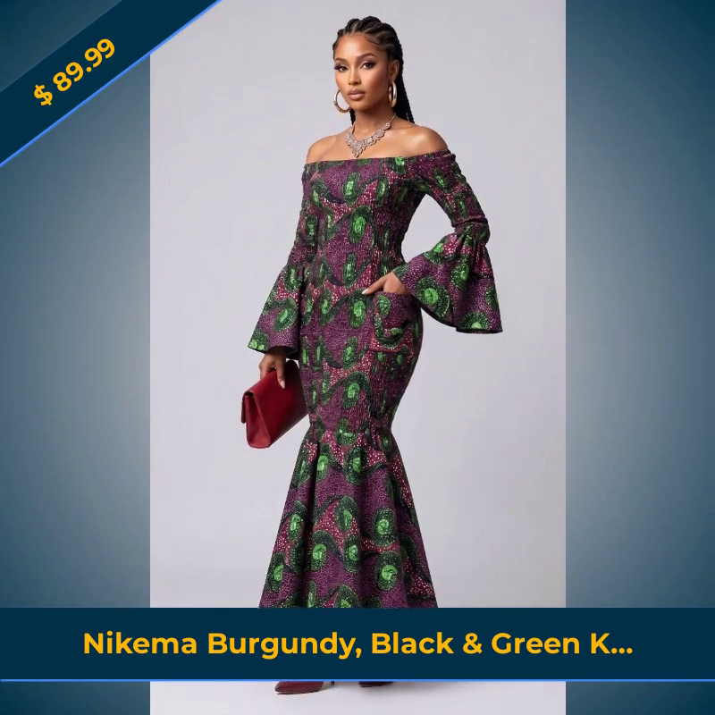 green kitenge dresses ✨ Embrace your inner queen with our Nikema Off-Shoulder Dress! ✨ , Dress to impress in this stunning burgundy, black, and African print beauty! 💃🌿 With a comfortable smocked design, it’s emerald green kitenge designs