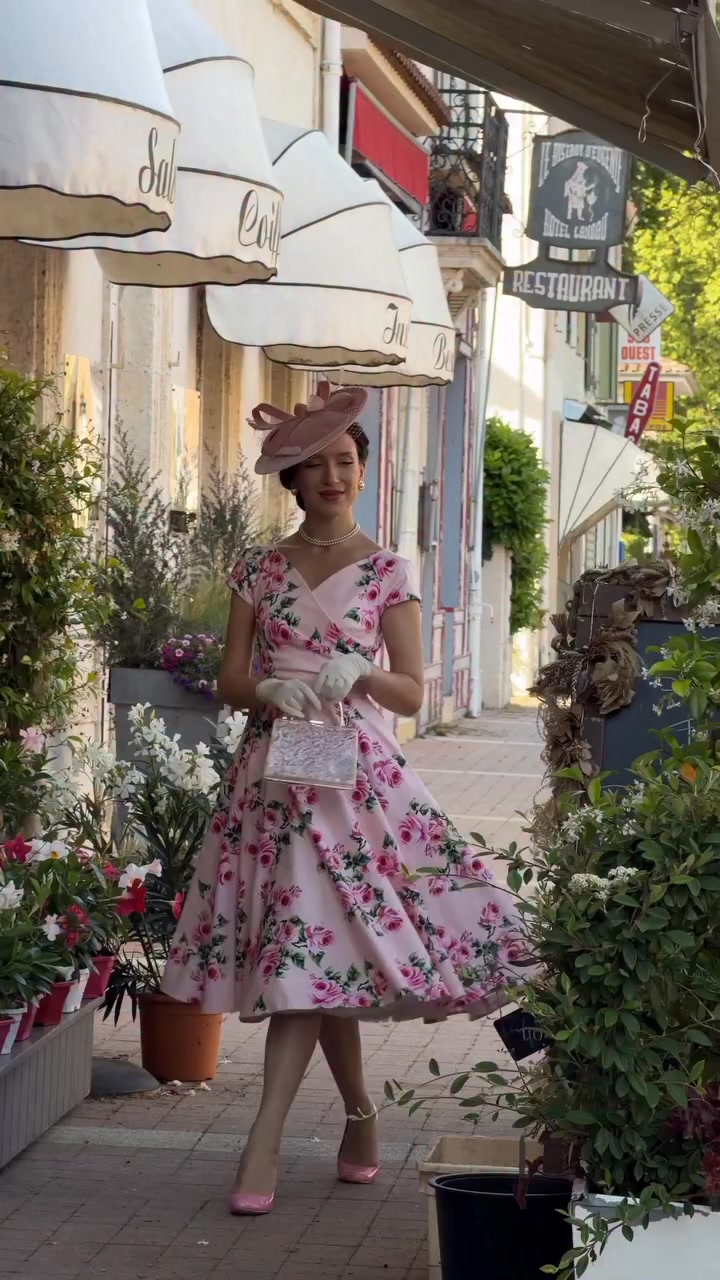 the pretty dress company Our bestselling Hourglass Vintage Rose Swing in pale pink, perfectly styled by Elizabeth., An elegant ensemble with a vintage aesthetic, perfect for Royal Ascot which is less than 2 weeks away., Cherry Color:Colorful PakistaniOriginals For Love & Lemons An exquisite design