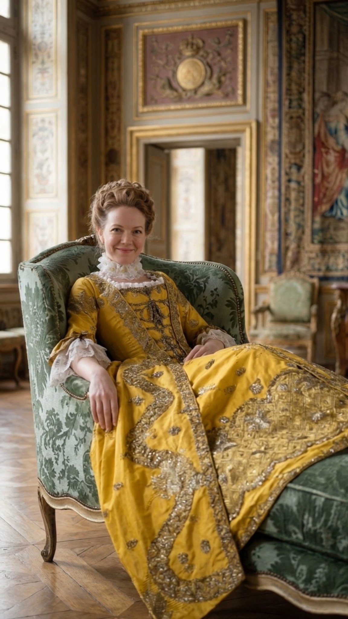 A beautiful yellow taffeta Robe à la Française, Inspired by the