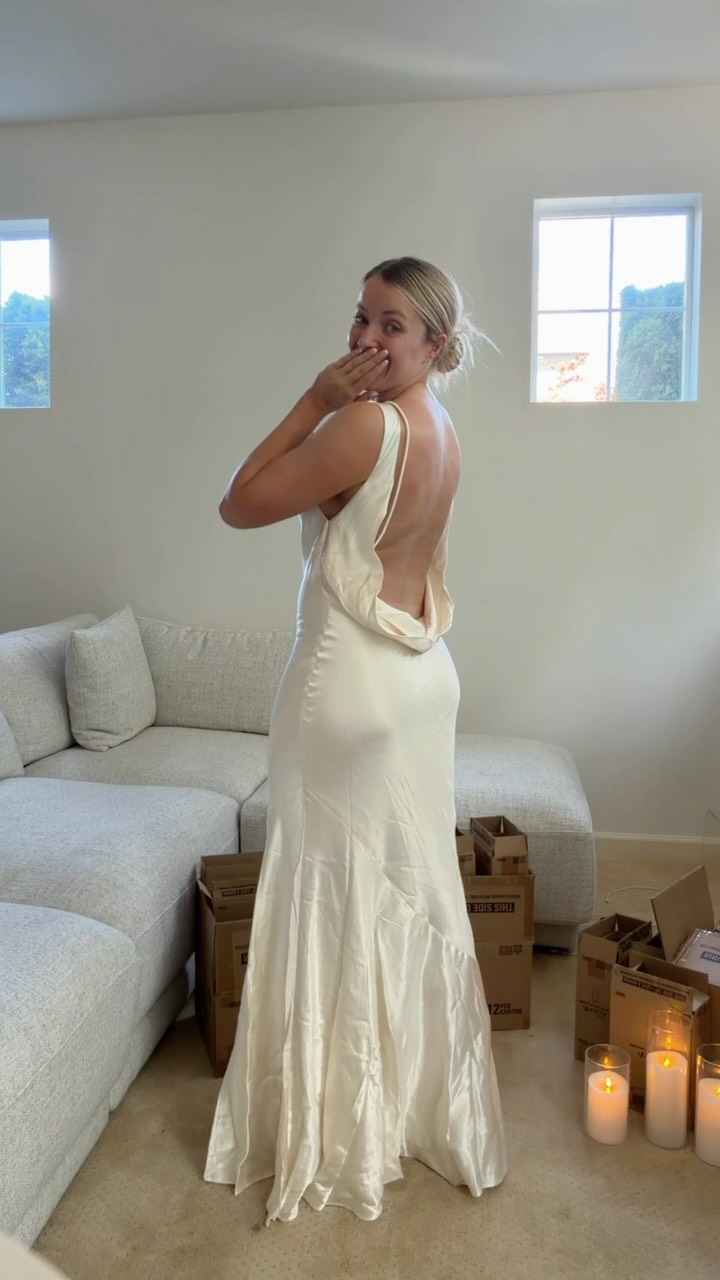 I have NEVER taken a tag off so quickly during my bridal event dress purchasing process. 🤍✨, The BEST mail to receive right in the middle of my bridal DIY + wedding set-up days!!, Comment “Gown” and 