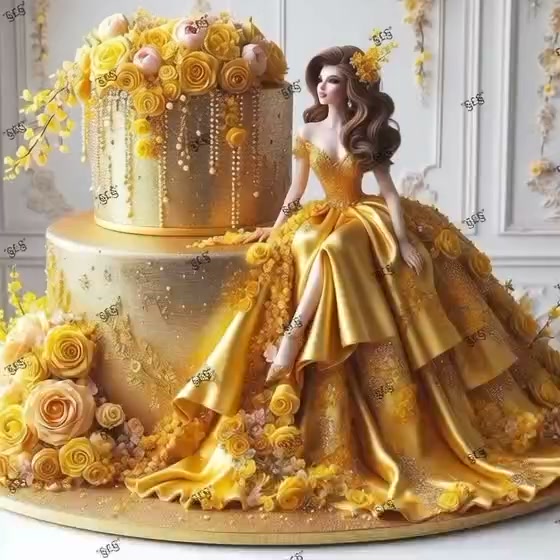 glitter dress cake Golden hour, but make it ✨🍰 , A princess in a flowing golden gown, yellow roses, and everywhere. Everything you see is edible... including the drama of cutting it 😭, #GoldenCake upload-20260622