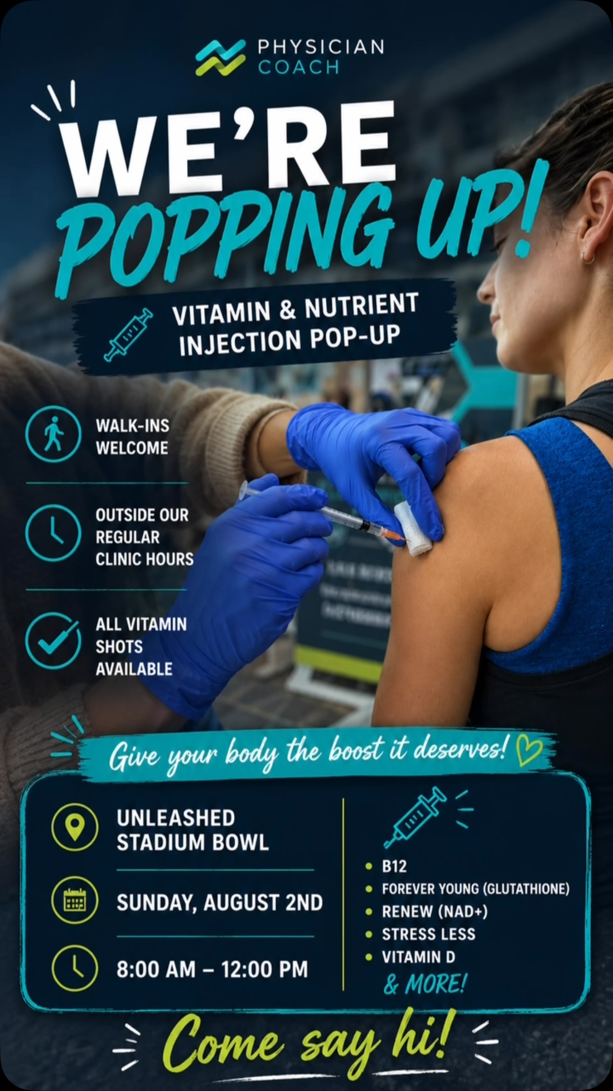 b12 injections tacoma ⚡ Tacoma! We're bringing vitamin shots to Unleashed this Sunday. Whether you're competing, cheering someone on, or spending the morning at Stadium Bowl, stop by the Physician Coach nutrigenomics
