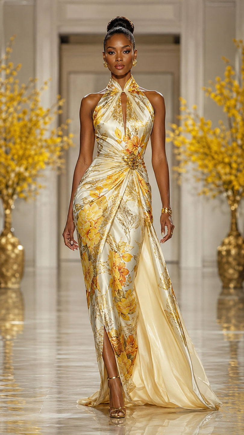 gold runway dress FirsteryDiva | Golden Floral Goddess Takes the 🌼👑, #FirsteryDiva #GoldenFashion #FloralGlam #LuxuryRunway #DivaStyle | Firstery Diva Web Collection: Pastel Co-ords