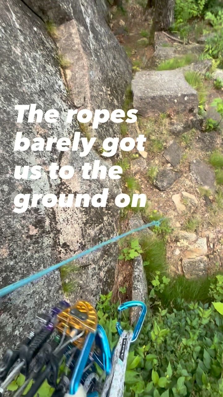 The ropes don’t quite reach the ground on this rappel— but the climber ...