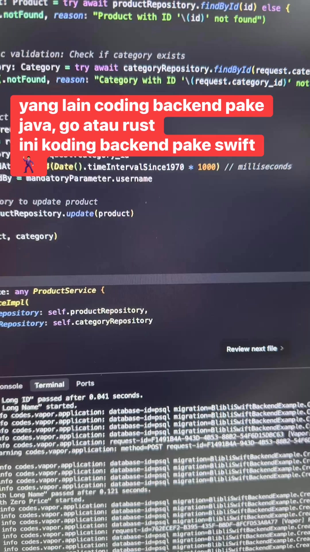 Yang lain koding backend pake java, go, dan rust, ini koding backend ...