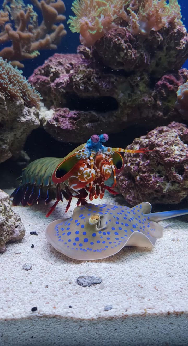 Mantis Shrimps vs a blue-spotted ray#mantisshrimp #ocean #animal # ...