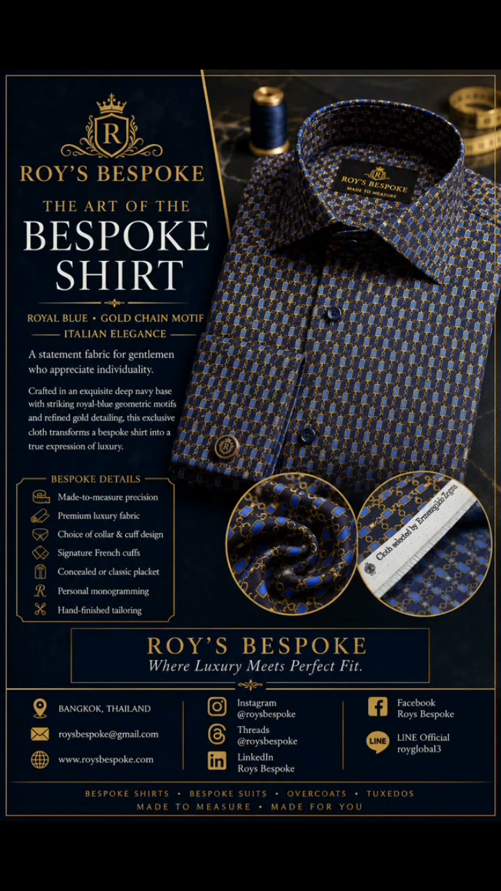 royal blue and gold dress shirt ROY’S BESPOKE, THE ART OF THE BESPOKE SHIRT, • Chain Motif • Italian Elegance, A statement fabric for gentlemen who appreciate individuality., Crafted in an exquisite deep navy base BFCM25FSDay2_1