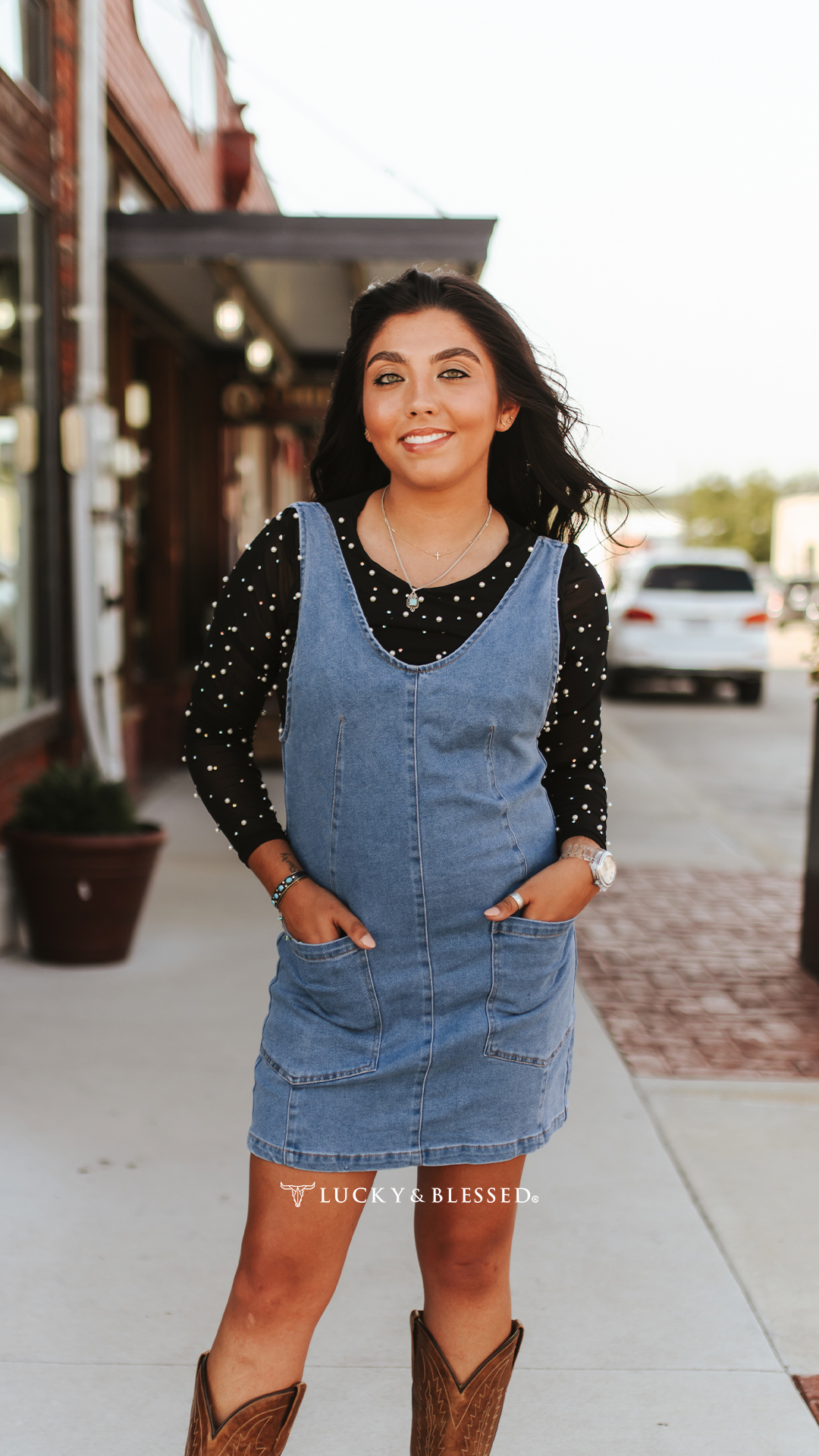 Stretch denim buckle strap dress, comfortable fitted silhouette for casual western days. Shop now, •, Product code: JP246-MW, •, #Luckyandblessed #luckyandblessedobsessed #dallas #fortworth #texas 