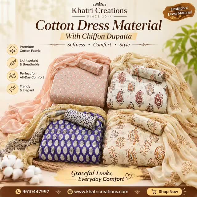 cotton dress material with chiffon dupatta Comment “PRICE” for Price & Details 💬, 🌸 🌸, Soft • Comfortable • Elegant ✨, Premium cotton fabric with beautiful prints, perfect for creating your own Yellow Color:Blossom Pink 2 Piece Sets-Photoshoot Dresses I Made a Dress-up