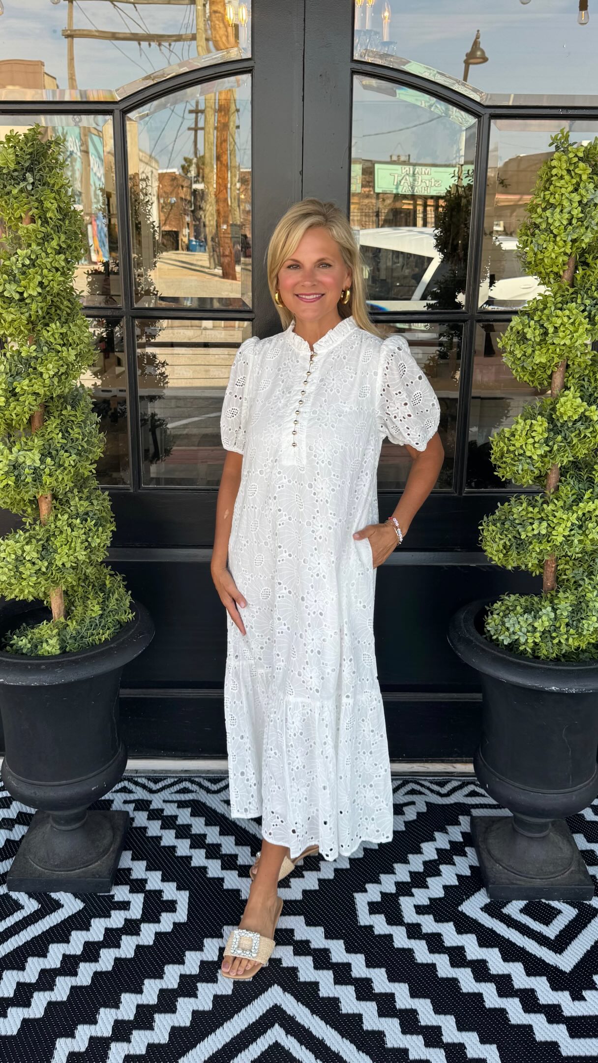 classic white summer dress We’ve never seen a more perfect dress!✨ The Jette is a featuring a gorgeous eyelet detailing and stunning gold buttons! This is a MUST HAVE in your closet💛 | Vine on Main Collared Closure